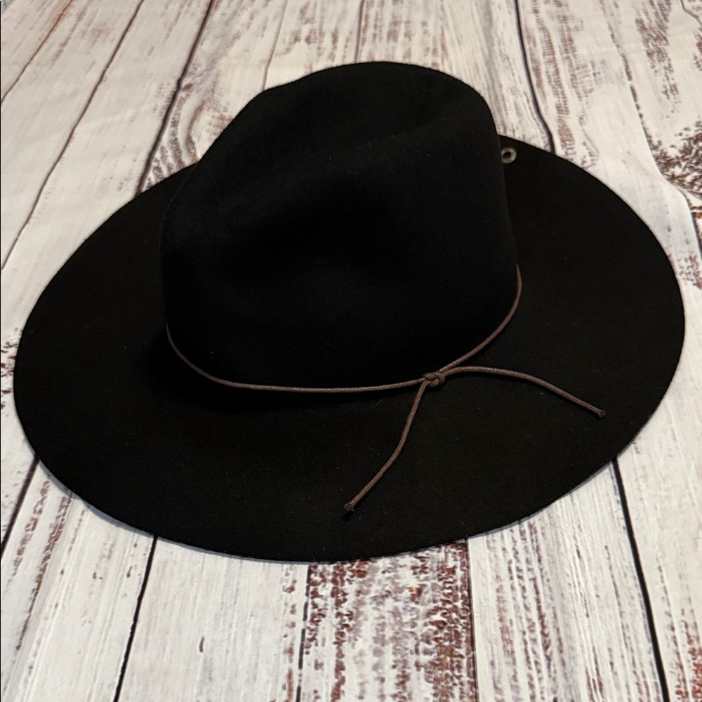 PETER GRIMM Black Wide Brim Wool Fedora Hat with Brown Leather Cord - Picture 2 of 15